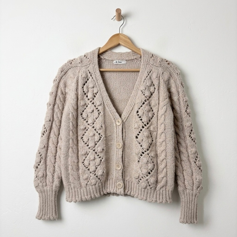 In Loom Cottagecore Cable Knit Cardigan ML Beige Bobble Scalloped Balloon Sleeve